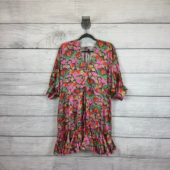 Aakaa Women's Pink Leaf Satin Dramatic Hem Long Sleeve Dress Size Medium - Picture 1 of 9